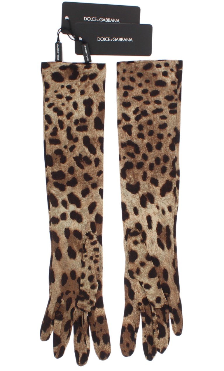 Brown Leopard Print Wool Elbow Gloves
