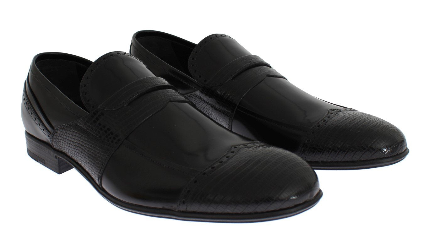 Black Lizard Leather Loafers Dress Shoes