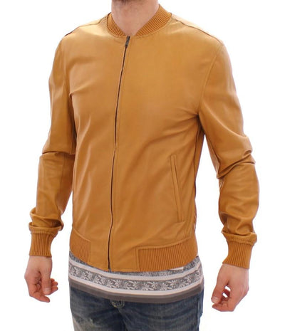 Yellow Leather Silk Jacket Coat
