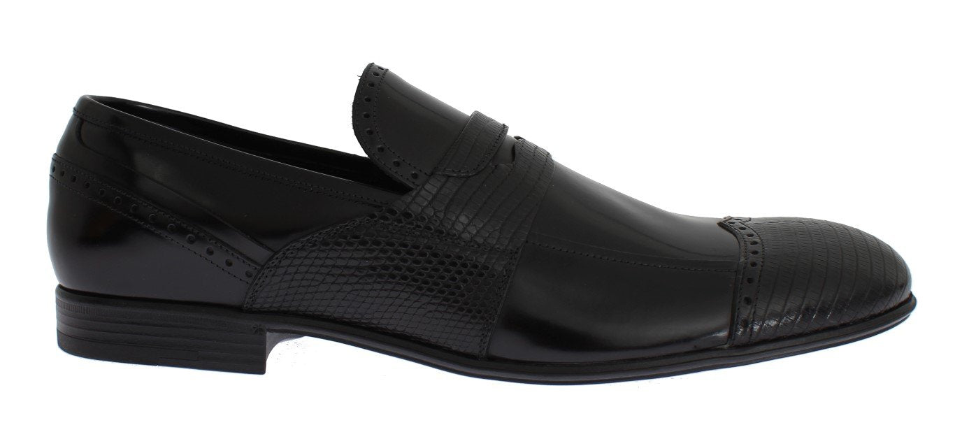 Black Lizard Leather Loafers Dress Shoes