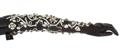 Black White Crystal Leather Elbow Gloves