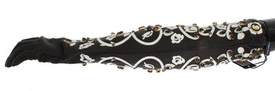 Black White Crystal Leather Elbow Gloves