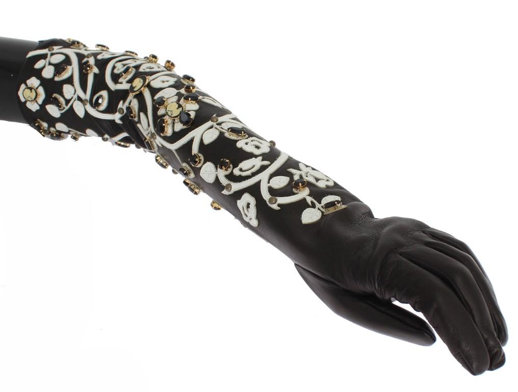 Black White Crystal Leather Elbow Gloves