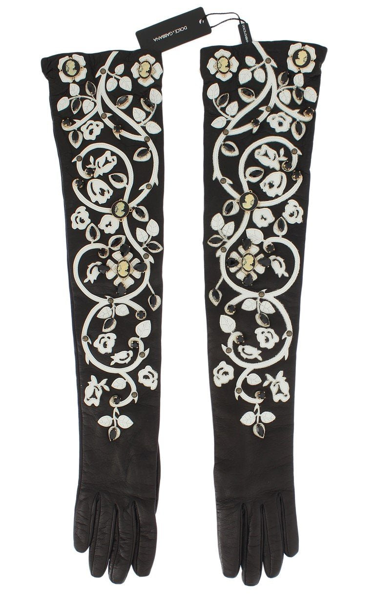 Black White Crystal Leather Elbow Gloves