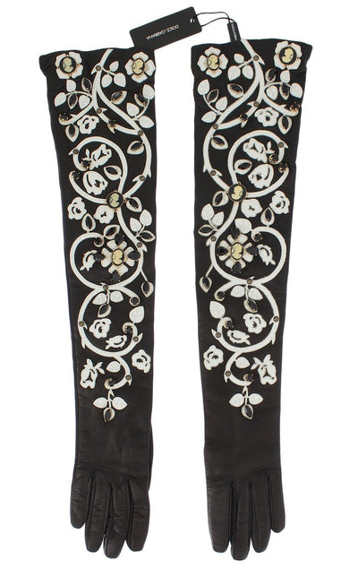 Black White Crystal Leather Elbow Gloves