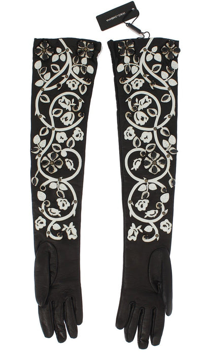 Black White Crystal Leather Elbow Gloves
