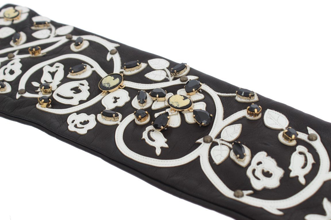 Black White Crystal Leather Elbow Gloves