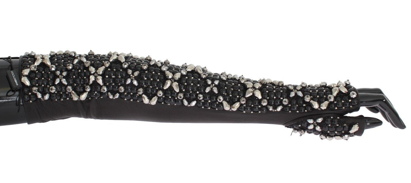 Brown Leather Black Clear Crystal Gloves
