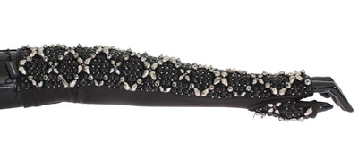 Brown Leather Black Clear Crystal Gloves
