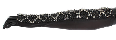 Brown Leather Black Clear Crystal Gloves
