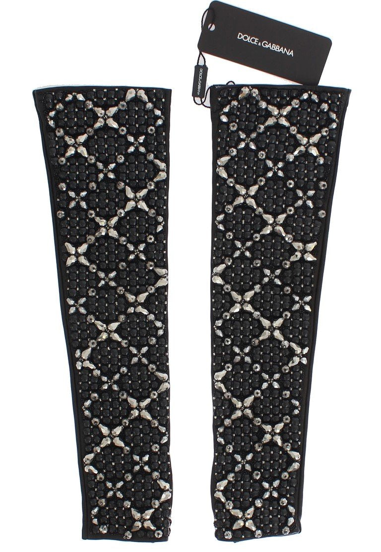 Brown Leather Black Clear Crystal Gloves