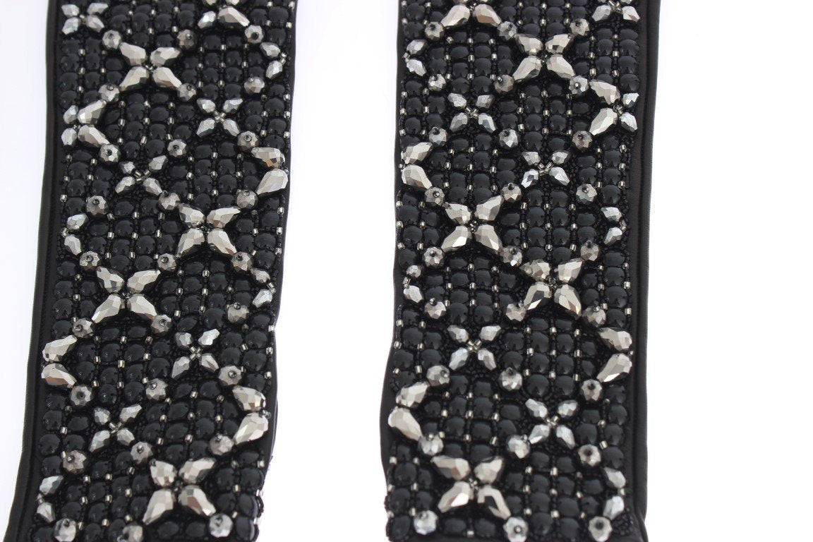Brown Leather Black Clear Crystal Gloves