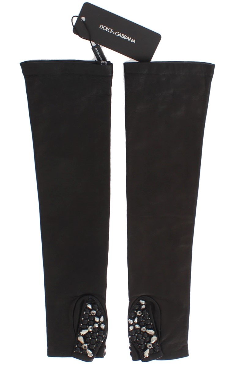Brown Leather Black Clear Crystal Gloves