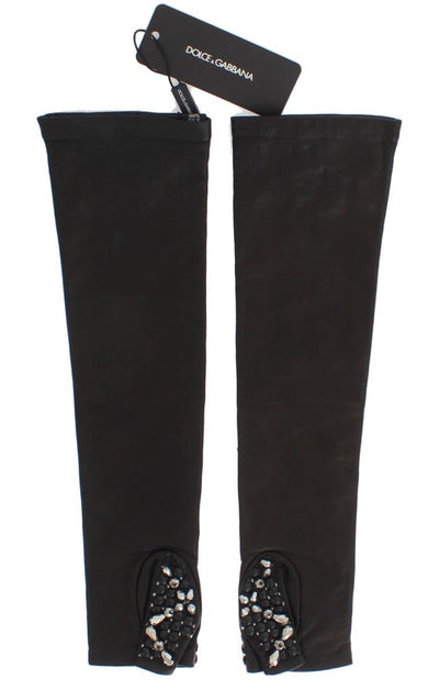 Brown Leather Black Clear Crystal Gloves