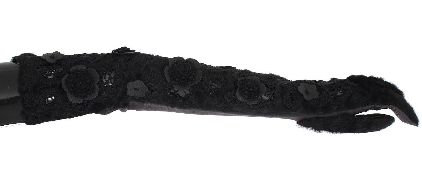Black Leather Floral Xiangao Fur Gloves