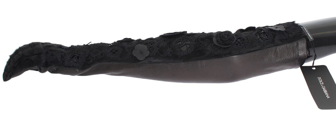 Black Leather Floral Xiangao Fur Gloves