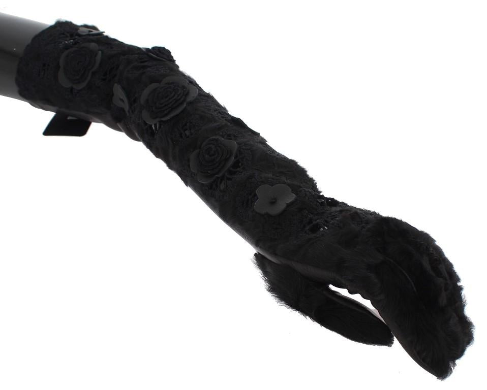 Black Leather Floral Xiangao Fur Gloves