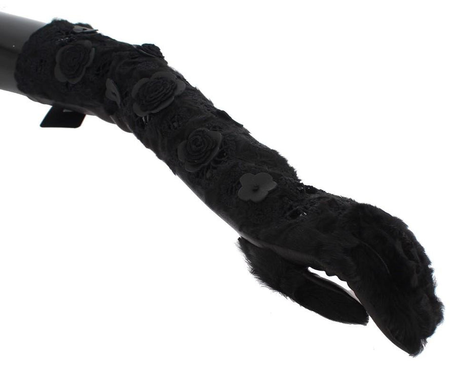Black Leather Floral Xiangao Fur Gloves