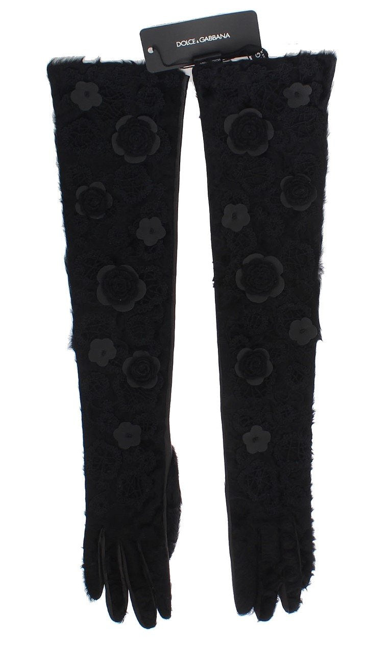 Black Leather Floral Xiangao Fur Gloves