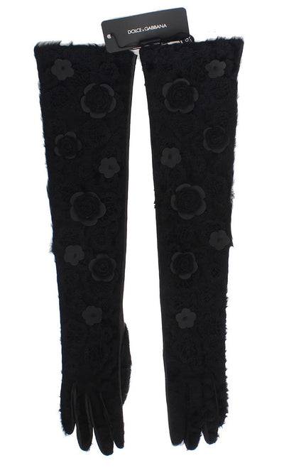 Black Leather Floral Xiangao Fur Gloves
