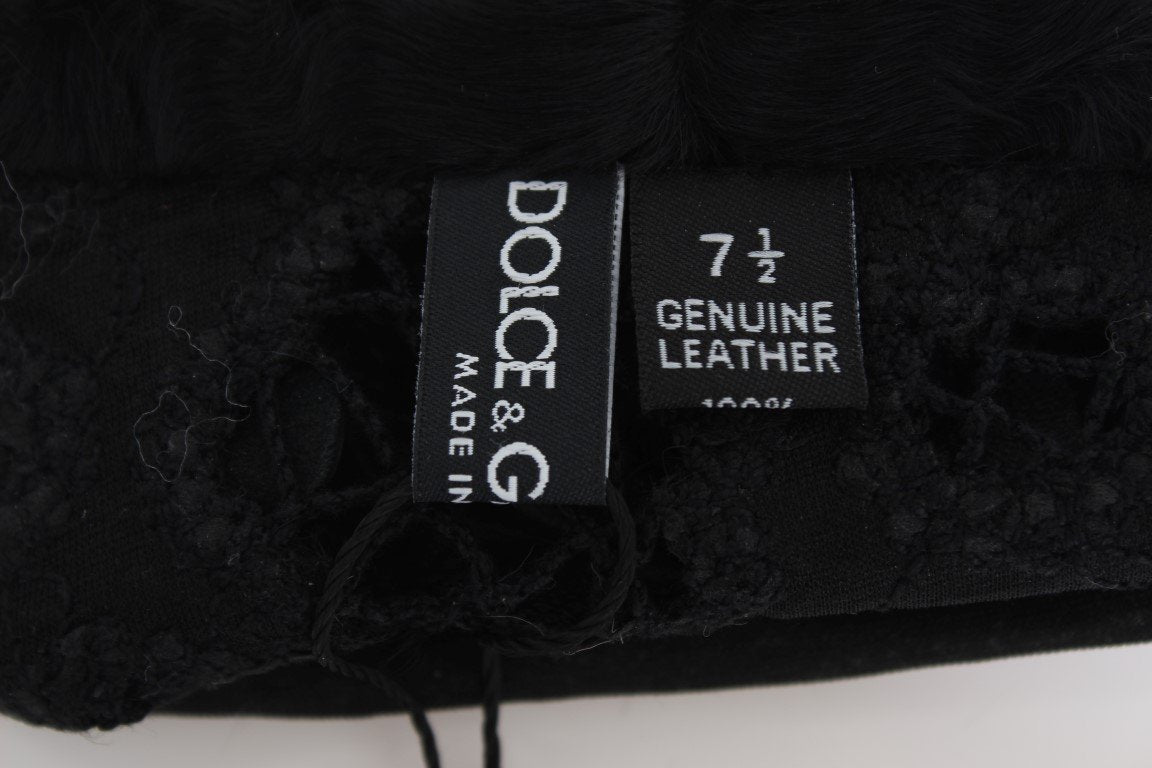 Black Leather Floral Xiangao Fur Gloves