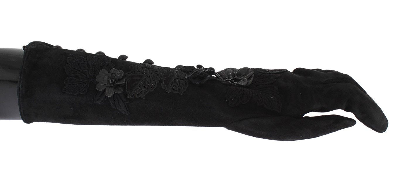 Black Suede Floral Ricamo Embroidered Gloves