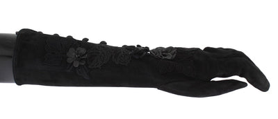 Black Suede Floral Ricamo Embroidered Gloves