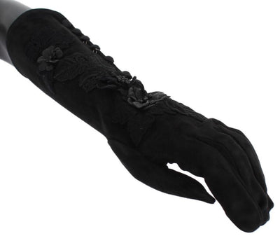 Black Suede Floral Ricamo Embroidered Gloves