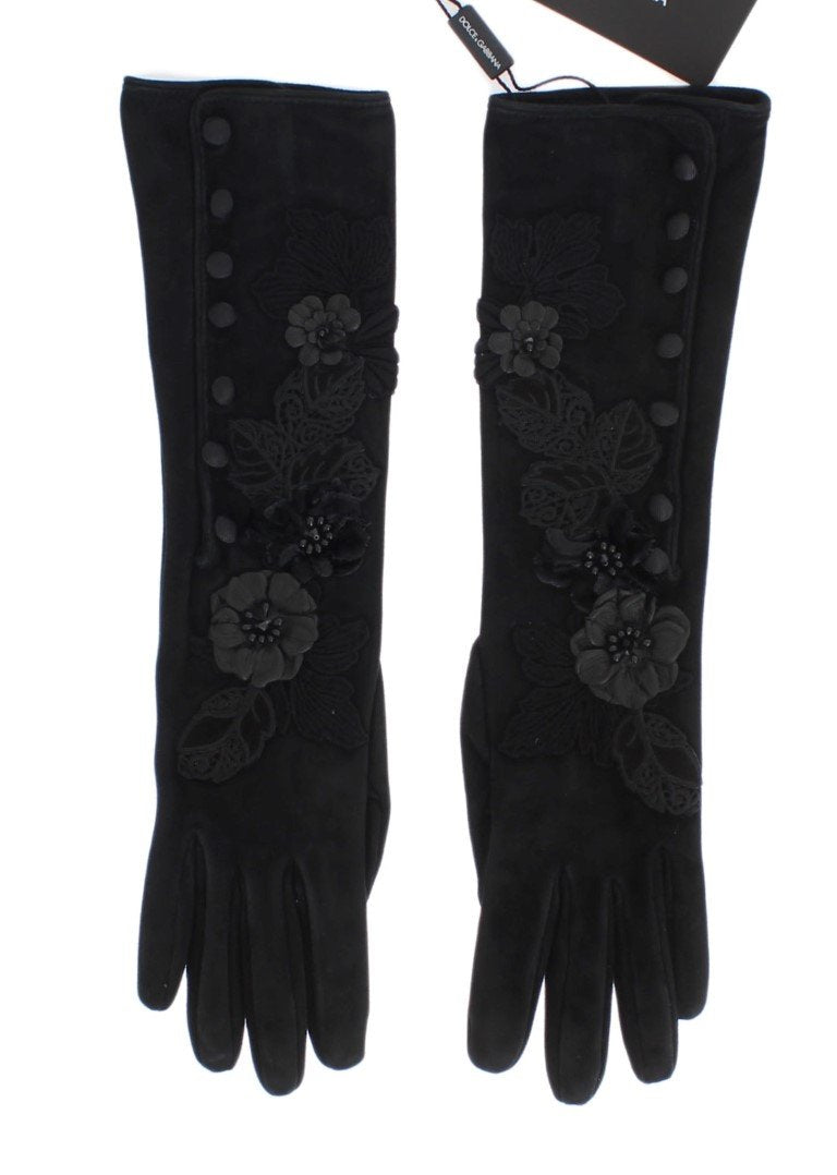 Black Suede Floral Ricamo Embroidered Gloves