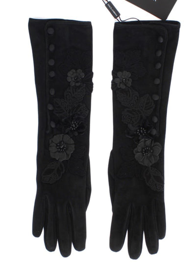 Black Suede Floral Ricamo Embroidered Gloves