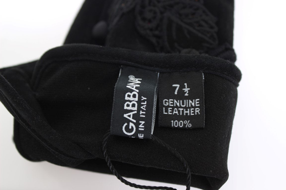 Black Suede Floral Ricamo Embroidered Gloves