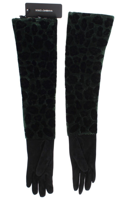 Green Black Leopard Leather Elbow Gloves
