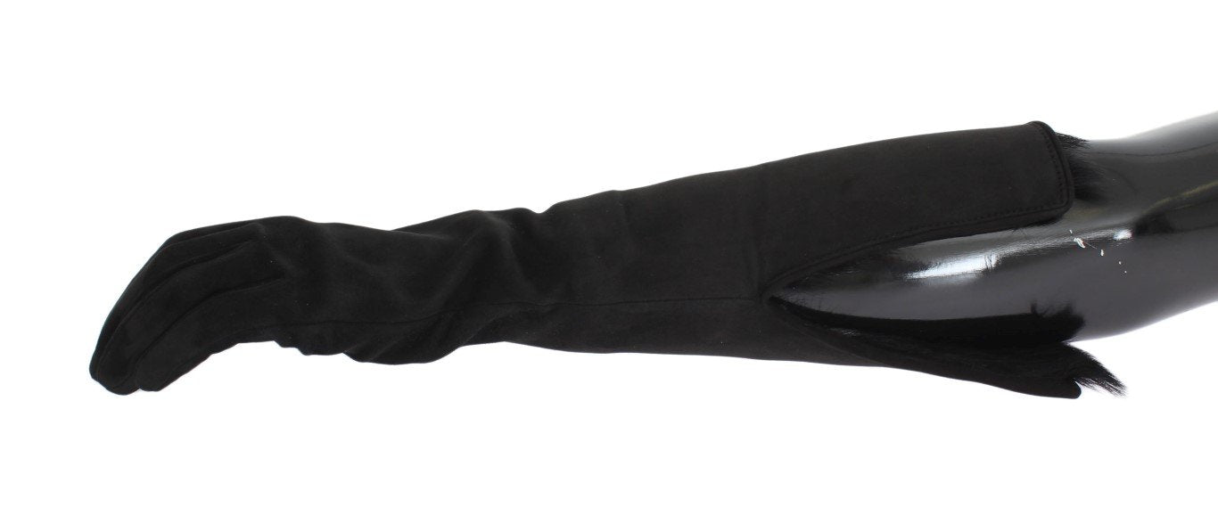 Black Gray Leather Fur Elbow Gloves
