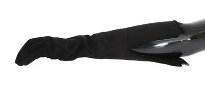 Black Gray Leather Fur Elbow Gloves