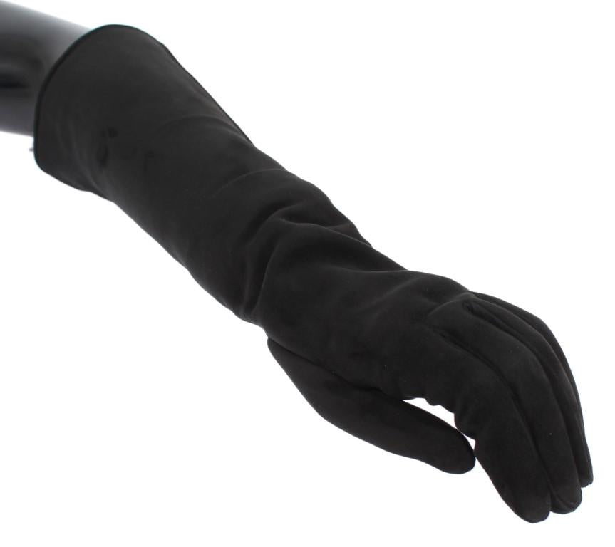Black Gray Leather Fur Elbow Gloves