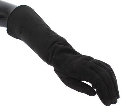 Black Gray Leather Fur Elbow Gloves
