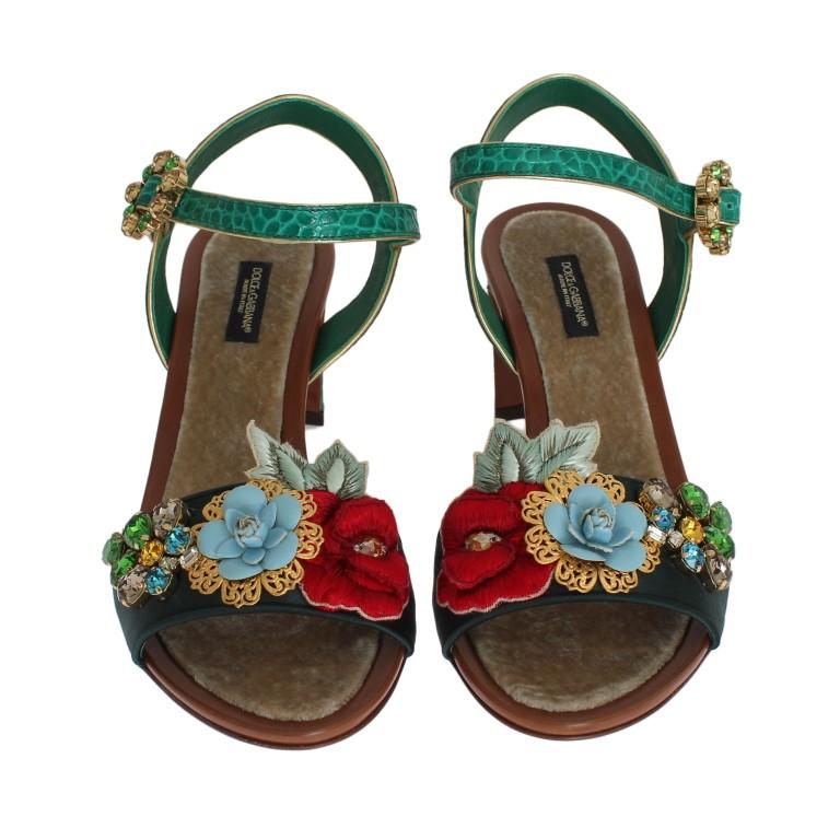 Green Floral Crystal Leather Sandals