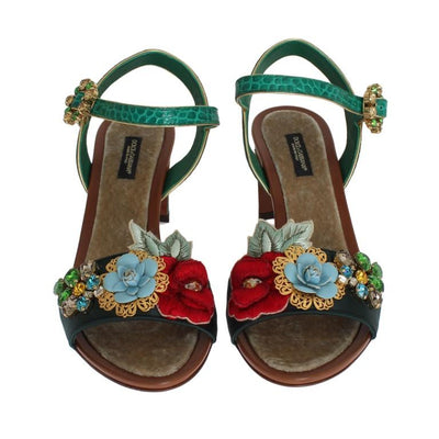 Green Floral Crystal Leather Sandals