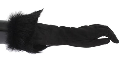 Black Gray Leather Fur Elbow Gloves