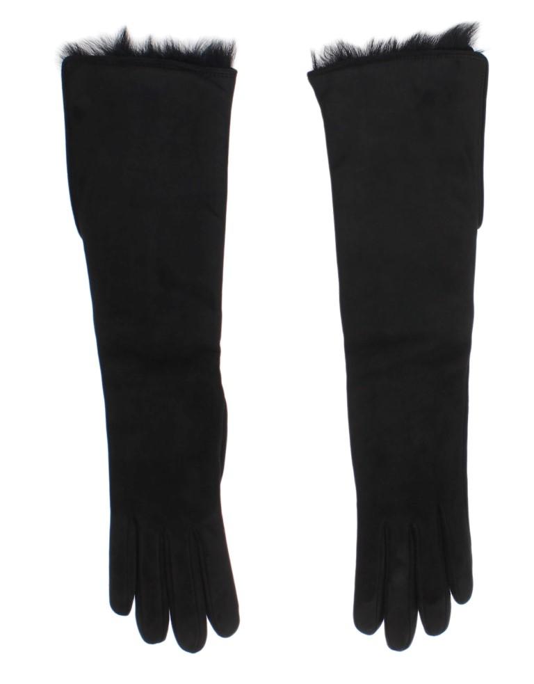 Black Gray Leather Fur Elbow Gloves