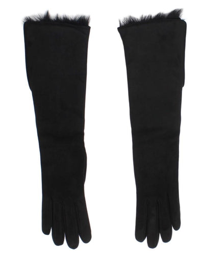 Black Gray Leather Fur Elbow Gloves