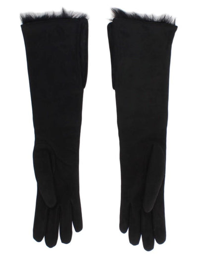 Black Gray Leather Fur Elbow Gloves