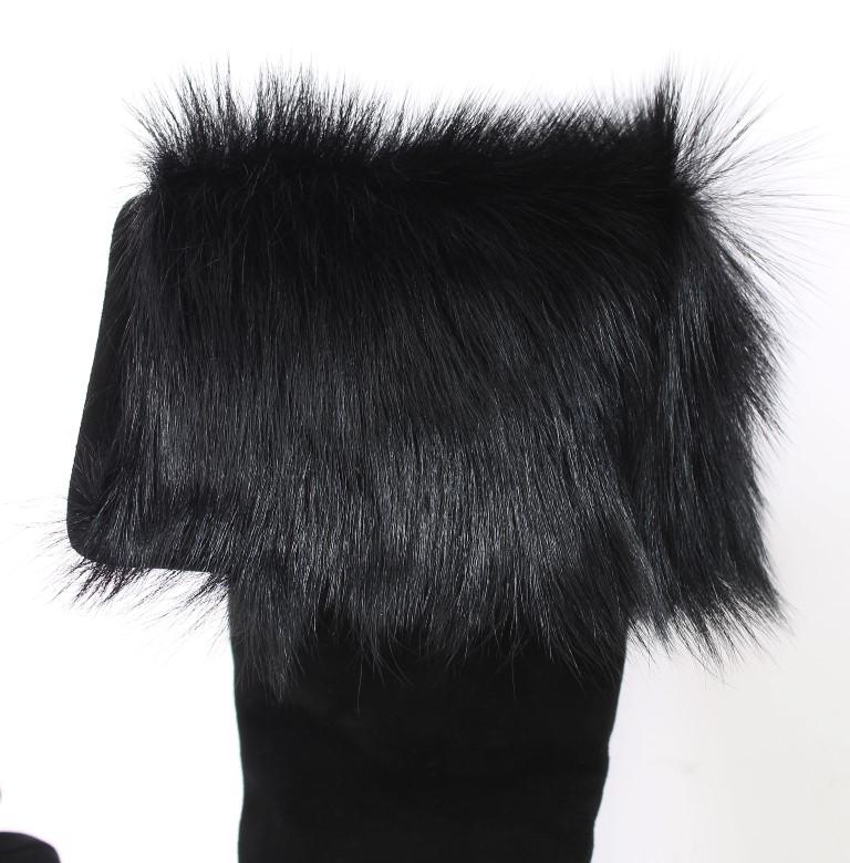Black Gray Leather Fur Elbow Gloves