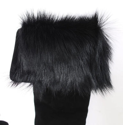 Black Gray Leather Fur Elbow Gloves