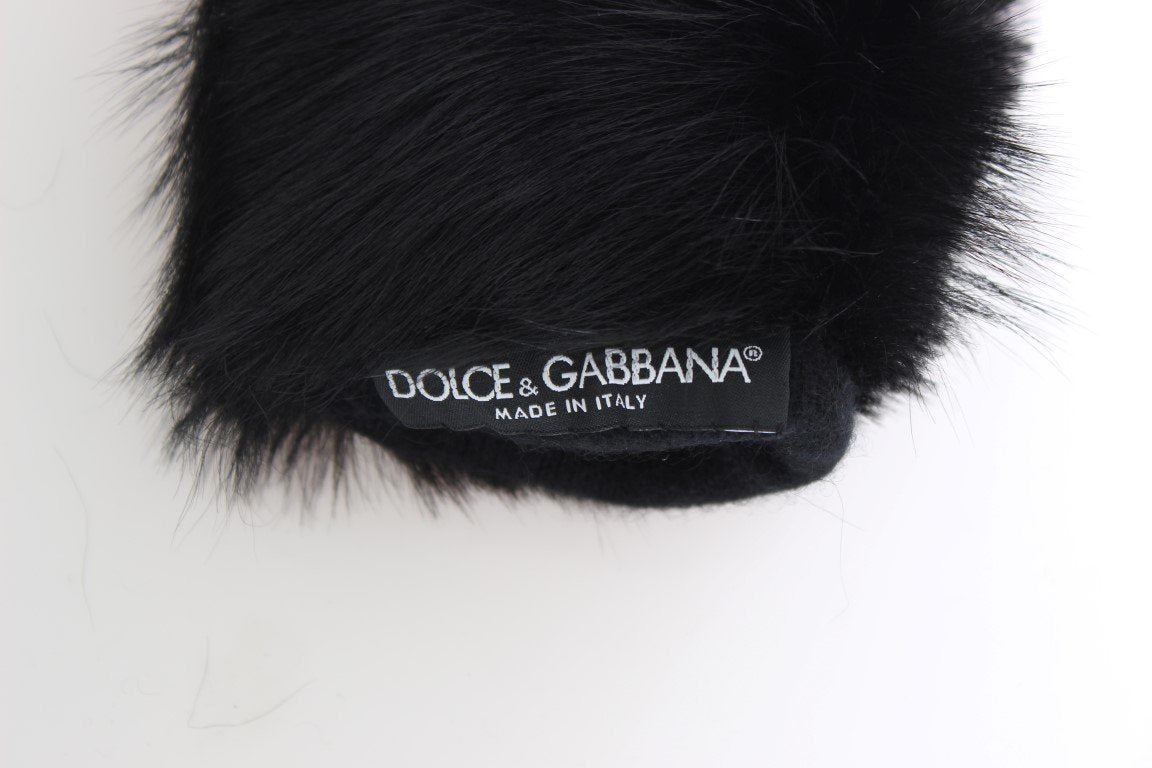 Black Gray Leather Fur Elbow Gloves