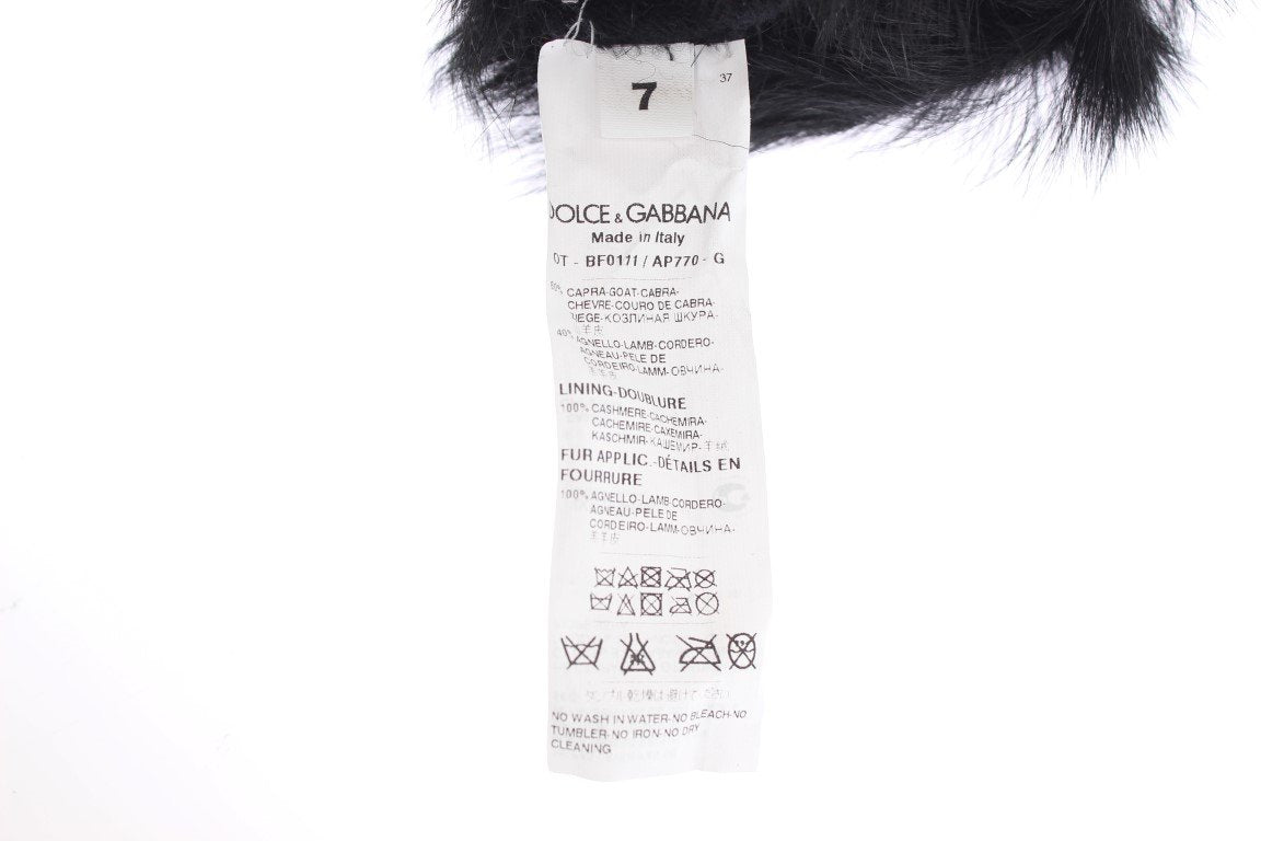 Black Gray Leather Fur Elbow Gloves