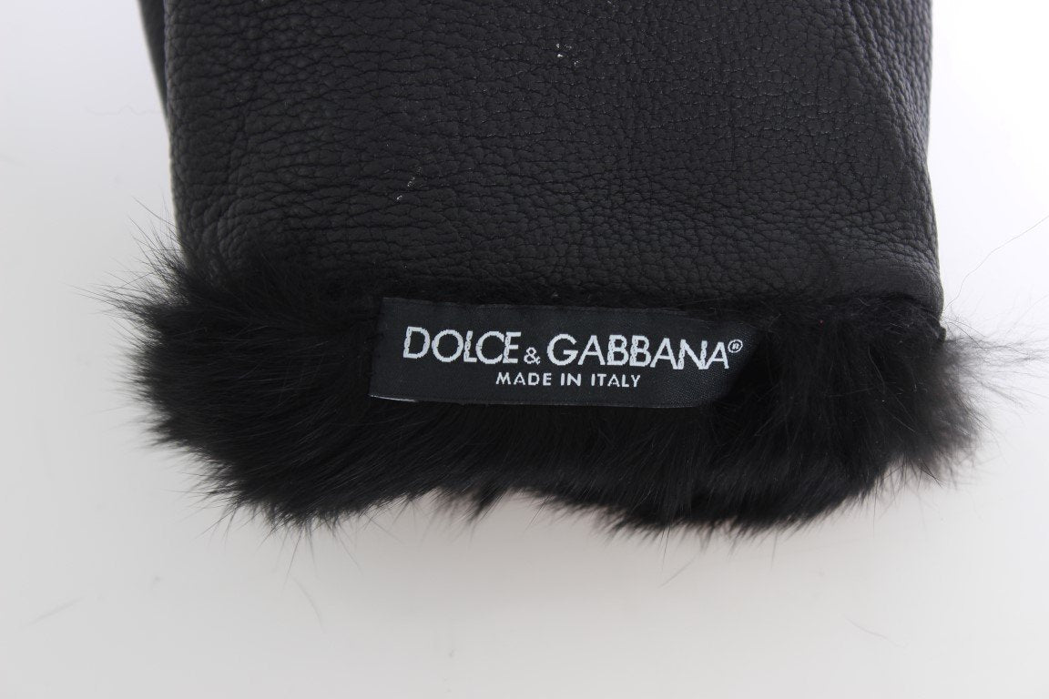 Black Leather Sheepskin Shearling Fur Gloves