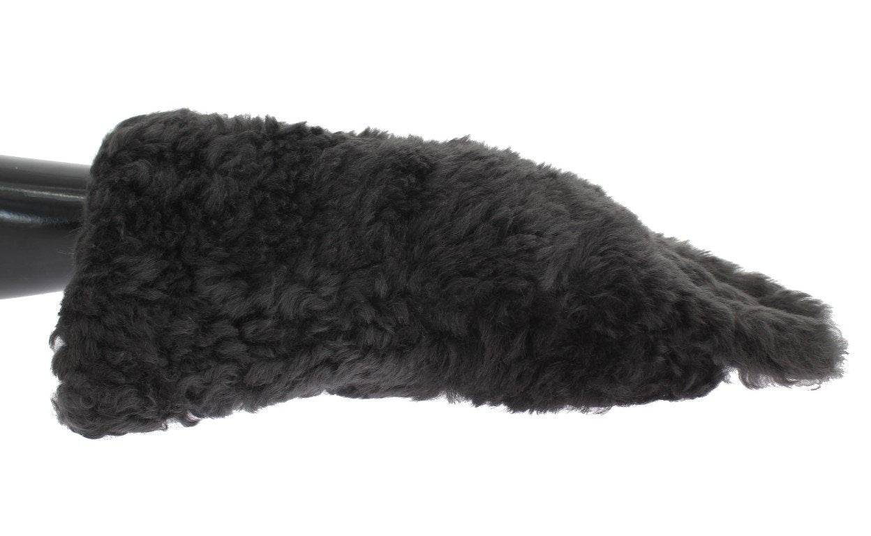 Gray Leather Shearling Fur Gloves