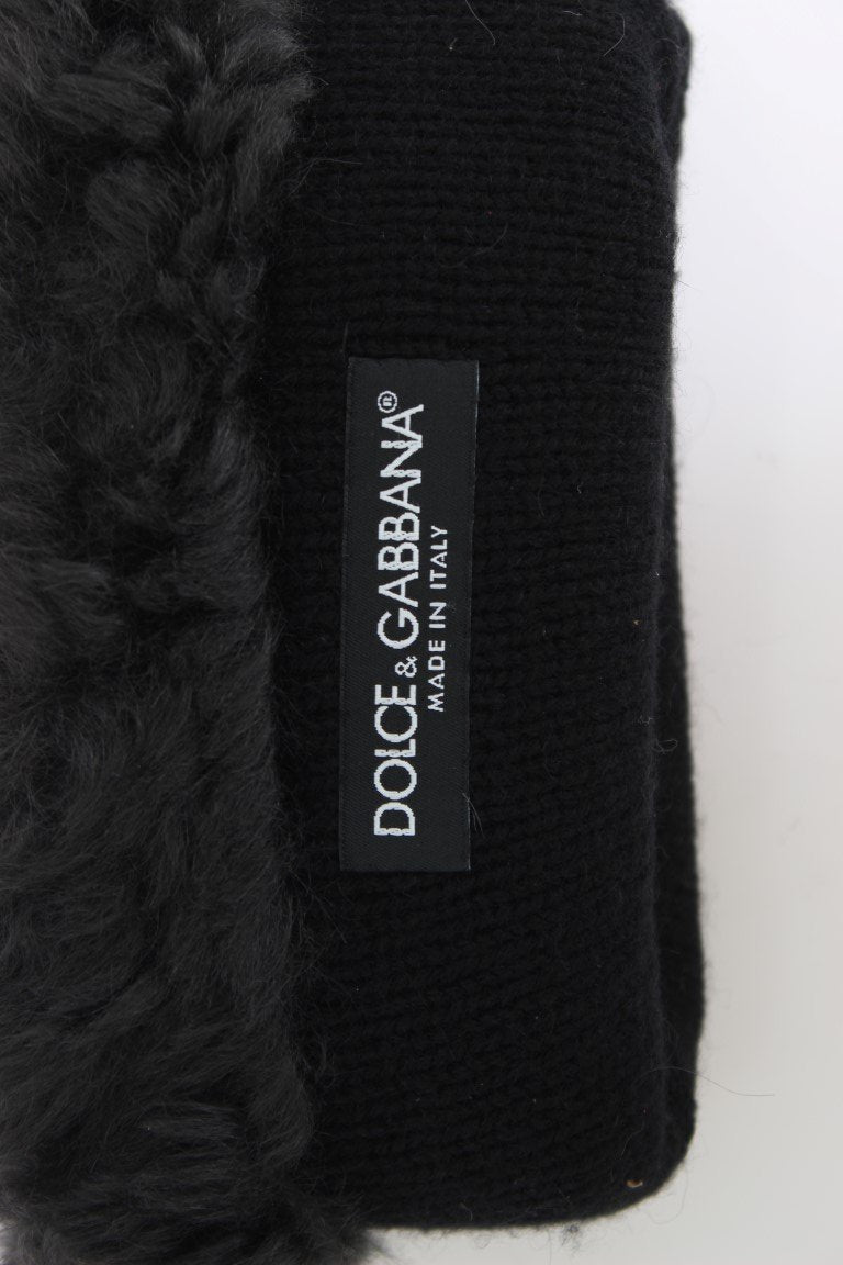 Gray Leather Shearling Fur Gloves