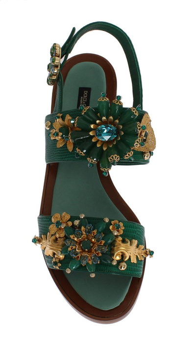 Green Leather Crystal Sandal Shoes